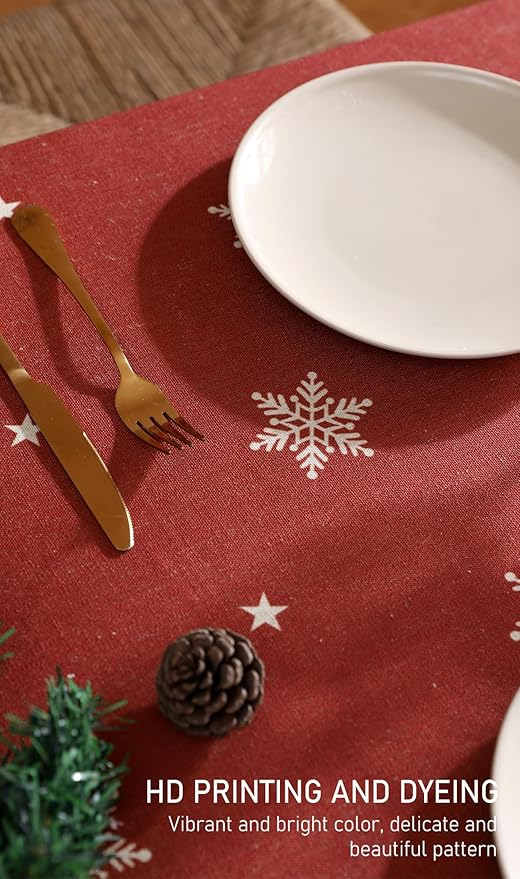 ISAENNE Designer Christmas Red Table Cloth for Rectangle Table,Linen Tablecloth with Snowflakes Pattern,Wrinkle Resistant Decor Tablecloths for Dining Kitchen Thanksgiving,55"*79"-Carol C