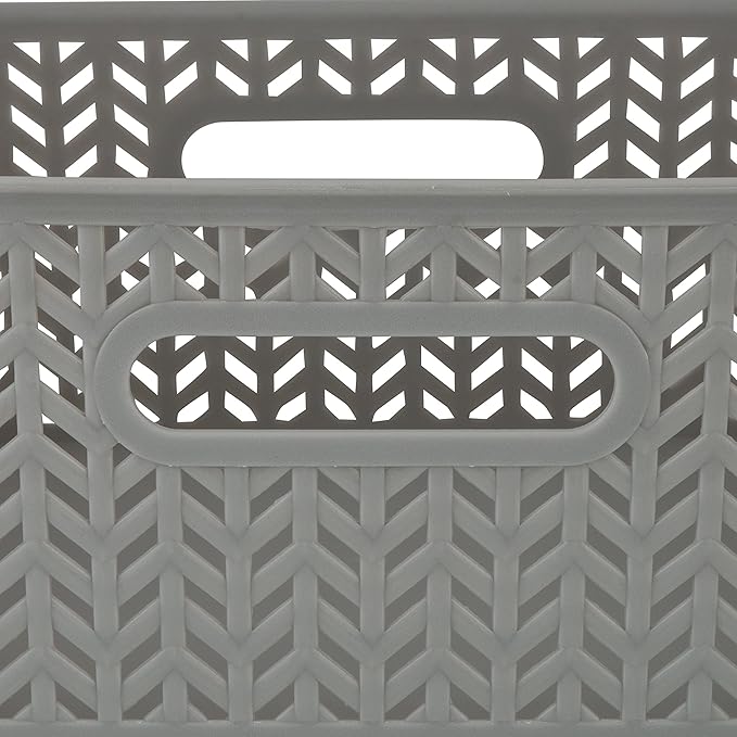 Simplify 2 Pack Medium Herringbone Storage Basket | Dimensions: 14"x11.5"x5.15" | Sturdy Polypropylene Plastic | 2 Open Handles | Lightweight | Home Organization | Heather Grey