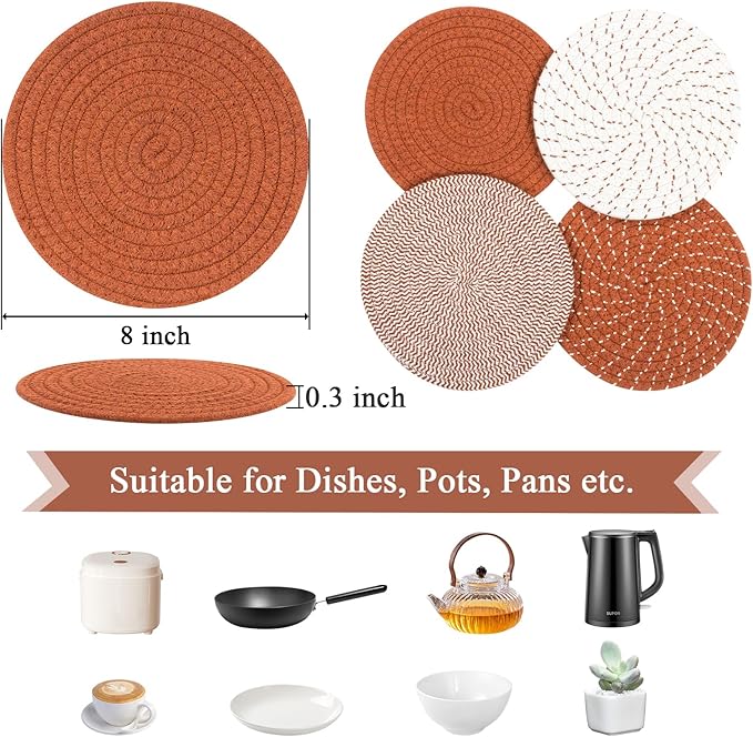 SHACOS 8 Inches Trivets for Hot Dishes, 4 Pieces Cotton Trivets Mats for Kitchen, Hot Pads for Countertops and Table, Heat-Resistant Pot Holders for Hot Pots and Pans(Dark Orange, 4pcs)