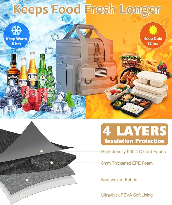 Tactical Lunch Box for Men, Expandable Large Insulated Lunch Bag for Adult, Heavy Duty Double Deck Lunch Cooler Bag Leakproof Waterproof Lunch Tote for Work Office Travel- Sandy