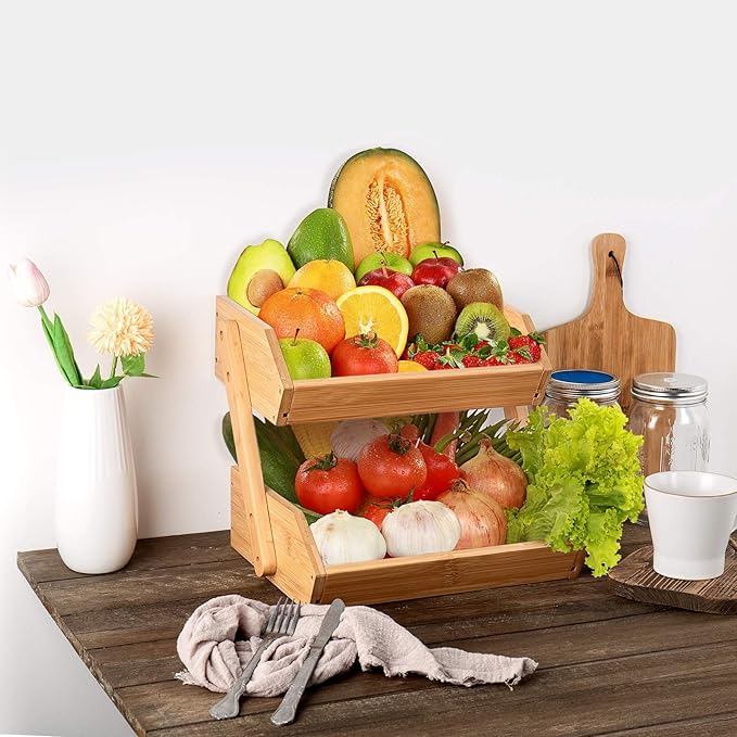 2 Tier Fruit Basket For Kitchen- Bamboo Fruit and Vegetable Storage Bowl Stand For Kitchen Countertop, , Produce Basket Fruit Holder for Potato, Onion, Bread, Snack Storage