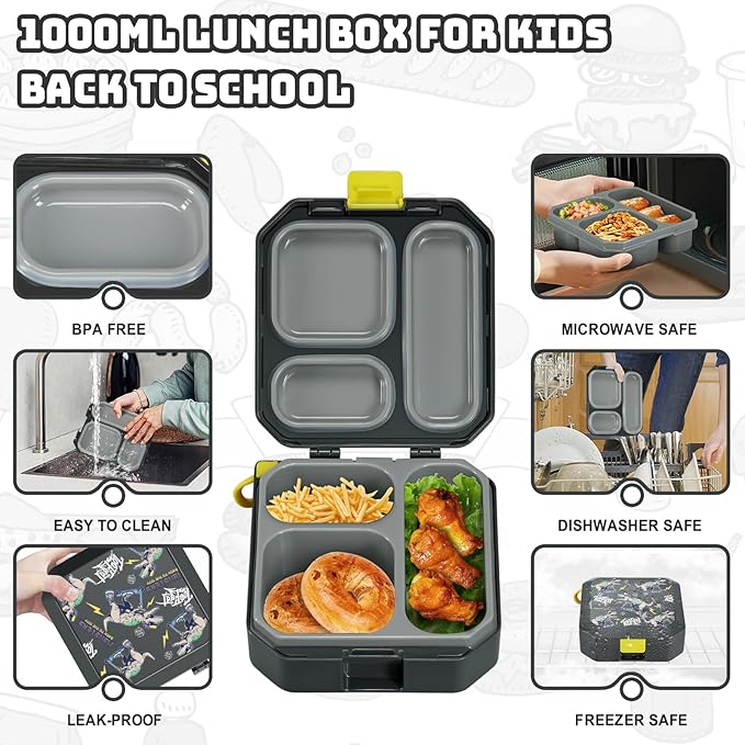 Itslife Bento Lunch Box Set for Kids with 12oz Soup Thermo&Lunch Bag, Leak-Proof Lunch Food Containers for Kids School, 5 Compartment, Sauce Cup, 10 Notes (Grey Dinosaurs)