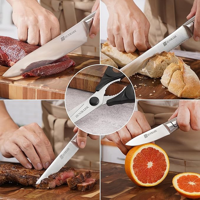 Kitchen Knife Set, Professional 13 Piece Knife Set with Block and Sharpener, Sharp Chef Knife Set, Ideal for Home and Restaurants, Silver