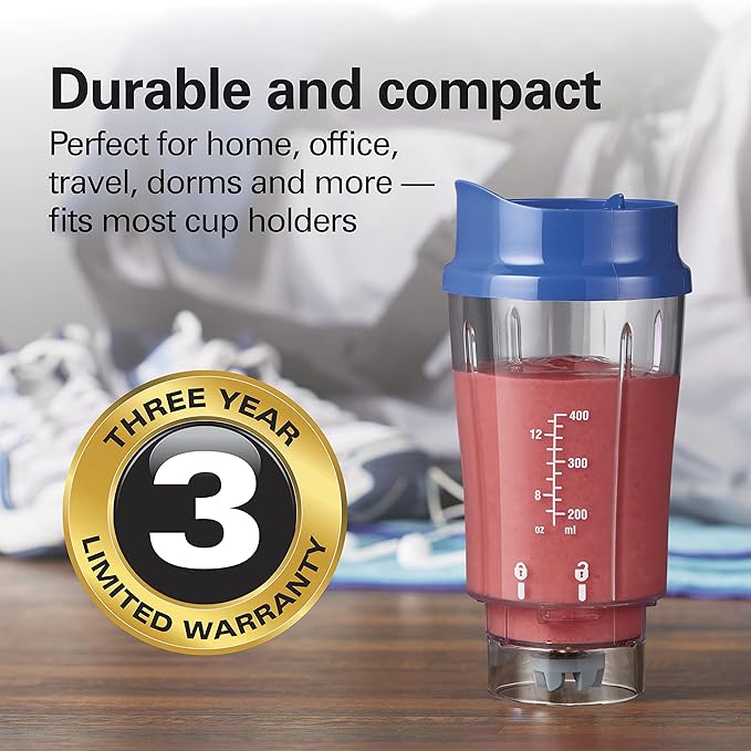 Hamilton Beach Portable Blender for Shakes and Smoothies, 14 Oz BPA Free Travel Cup & Lid, Durable Stainless Steel Blades, Personal Smoothie Blender, Blue, 51132G