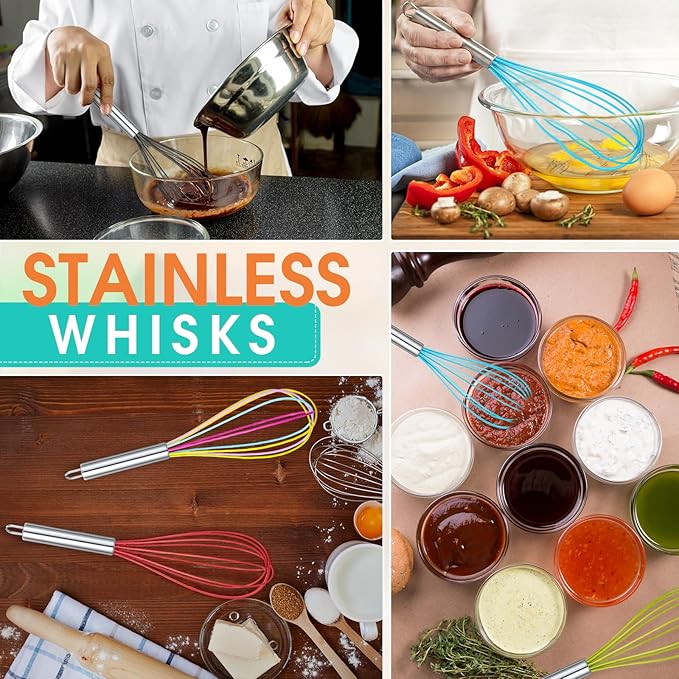 Domensi 8 Pcs 12 Inch Whisks Bulk for Cooking Silicone Whisks Non Scratch Stainless Steel Hand Coated Metal Heat Resistant Egg Beaters for Classroom Cook Party Favor Gift Supplies