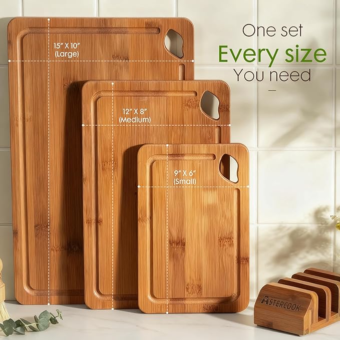 Astercook Deep-Carbonized Bamboo Cutting Boards for Kitchen with Wood Storage Stand, Reversible Charcuterie & Chopping Boards with Juice Grooves and Easy-Grip Handles, Knife-Friendly, Kitchen Gift