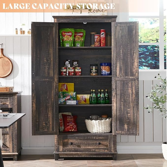 AMERLIFE 72" Tall Kitchen Pantry Storage Cabinet, Adjustable Shelves and Drawer, Farmhouse Food Pantry Cabinet for Kitchen, Living Room, Dining Room, Antique Oak