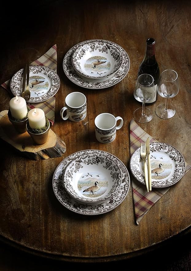 Spode Woodland Canadian Goose Dinner Plate - 10.5 Inch Fine Earthenware with British Flowers Border, Microwave, Oven, Freezer & Dishwasher Safe - Hunting-Inspired Thanksgiving Plate, Made in England