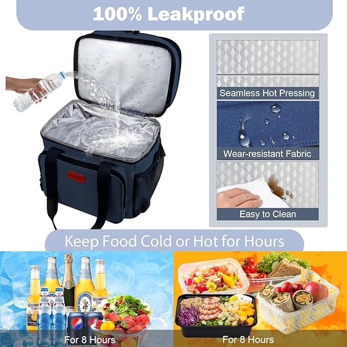 Expandable XLarge Lunch Box, Insulated Heavy Duty Lunch Bag Waterproof Leakproof Durable Cooler Bag for Men Women Adults Work Construction Camping Trip, 22L, Blue