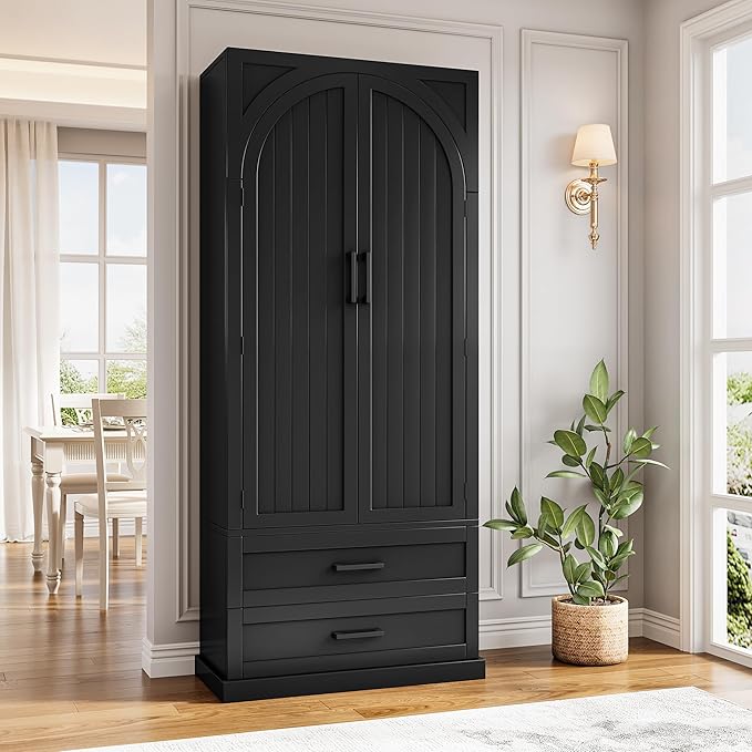 iPormis 71" Tall Kitchen Pantry Storage Cabinet w/Adjustable Shelf, Large Drawers & Door Shelves, Freestanding Kitchen Cupboard for Dining Room/Living Room, Black