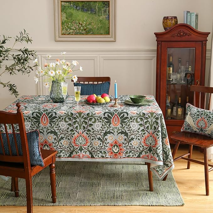 ISAENNE Designer Bohemian Linen Green Long Tablecloth Rectangle,Floral Indoor Table Cloth,Stain Resistant Decor Tablecloths for Dining Thanksgiving Kitchen Party Christmas,63"*94"-Naples