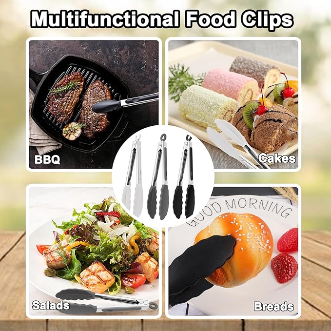 6 PCS Silicone Tongs,Cooking Tongs with Silicone Tips,7 Inch Stainless Steel Silicone Kitchen Tongs,Heat Resistant Non-Stick,for Cooking Grilling Salad,BBQ Tongs with Locking