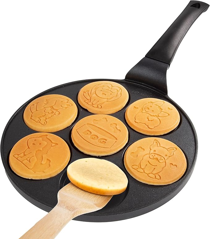 Puppy Friends Mini Pancake Pan- Make 7 Unique Flapjacks- Nonstick Griddle w Long Handle for Breakfast Pup Animal Fun & Easy Cleanup Fun Dog Related Gift for Kids & Adults, Boys Girls, Party Treat