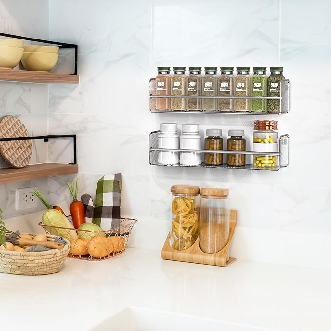 DecoBros 2 Pack Wall Mount Single Tier Mesh Spice Rack, Chrome