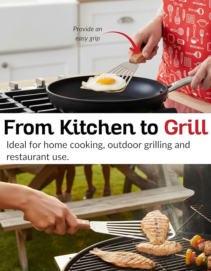 Fish Turner with Wood Handle – Stainless Steel Slotted Spatula for Frying, Grilling & Cooking – Professional Fish Flipper & Burger Turner