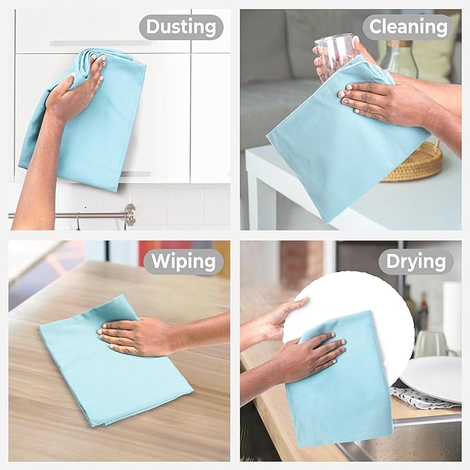 Urban Villa Aqua 100% Cotton Highly Absorbent Dish Towels for Kitchen 20X30 Inches(Set of 6) Multi-Purpose Solid Dish Cloths with Hanging Loop for Cleaning Dinnerware Glass Hand Towels