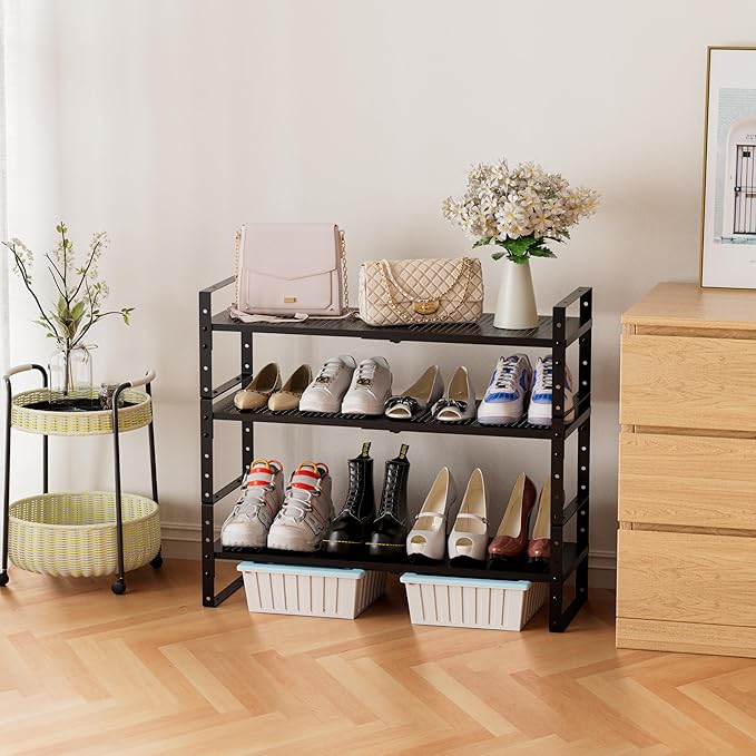 Expandable Stackable Aadjustable Shoe Rack Pantry Shelf for Kitchen Cabinets Counter Shelves Countertop Cupboard Storage Solution,Sturdy Heavy-Duty Metal Construction(1Pack/Black/Medium)