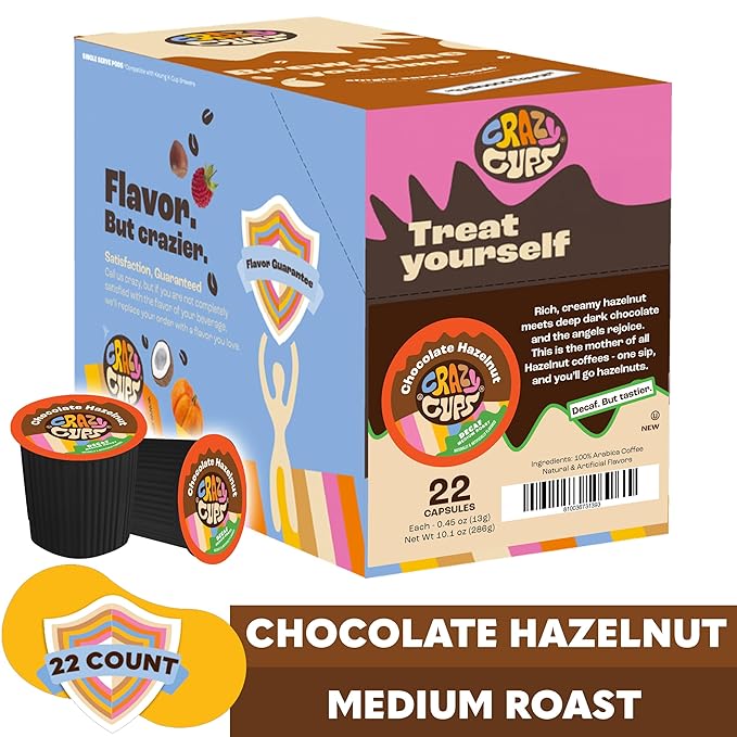 Crazy Cups Decaf Batter then Hazelnut, Decaffeinated Hazelnut Flavored Coffee Pods, Single Serve Hot or Iced Medium Roast Coffee for Keurig K Cups Machines(Pack of 1, 22 Count Total)