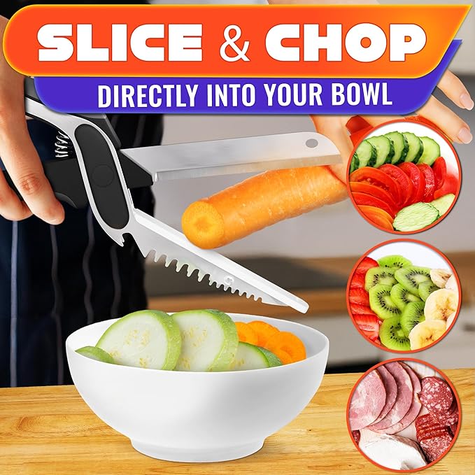 6-in-1 Cutting Board Scissors – Kitchen Shears Heavy Duty with Built-In Mini Board, Ribbed No-Slip Blade, Spring-Assist, Safety Lock & Dishwasher-Safe Design – Meat Scissors for Veggies, Fruits, Fish