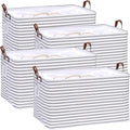 Hinwo 4-Pack Extra Large Canvas Fabric Storage Baskets with Handles, 70L Oversized Storage Bins, Collapsible Storage Box, Clothes, Toys, Blankets Organizers, 22 x 15 x 13 inches, (Grey Stripe)