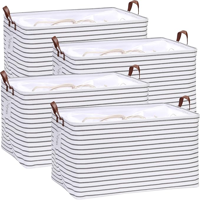 Hinwo 4-Pack Extra Large Canvas Fabric Storage Baskets with Handles, 70L Oversized Storage Bins, Collapsible Storage Box, Clothes, Toys, Blankets Organizers, 22 x 15 x 13 inches, (Grey Stripe)