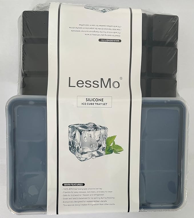 LessMo Ice Cube Tray with Lid 2 Pack, Silicone Ice Cube Molds, Easy Release 15 Square Ice Cube per Tray, BPA Free Flexible Reusable Stackable for Freezer, Whiskey, Chocolate, Baby Food, Juices, Black