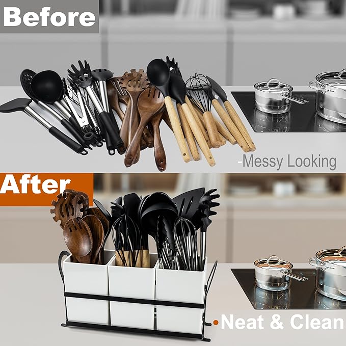 Large Utensil Caddy, Drainage Utensil Holder for Kitchen Counter, 3pcs Bins Set Cooking Utensil Organizer for Spoons, Spatulas, White