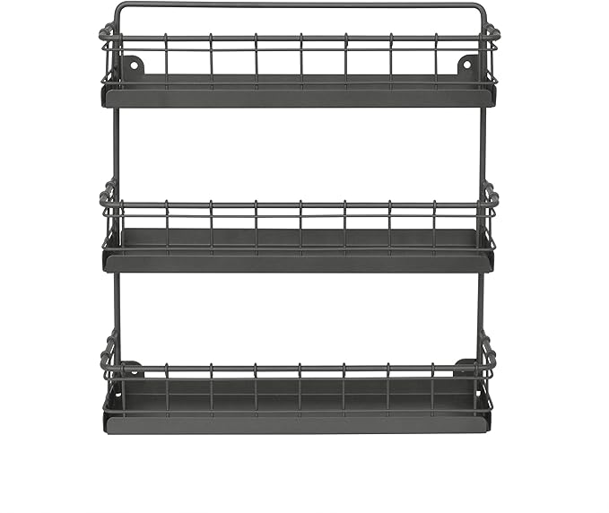 Spectrum Diversified Storage for Kitchen, Pantry, Cabinet, Industrial Gray Vintage Wall-Mount 3-Tier Spice Rack, Large (Pack of 4)