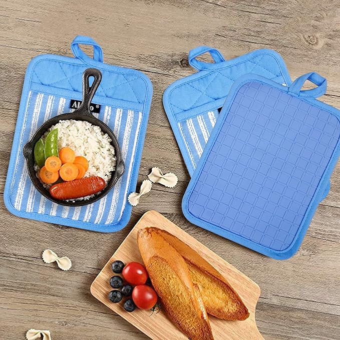 Silicone Pot Holders Set of 3 Heat Resistant & Non Slip Potholders, Professional Oven Hot Pads with Pockets Mitts for Kitchen Cooking Baking Barbecue (3, Blue)