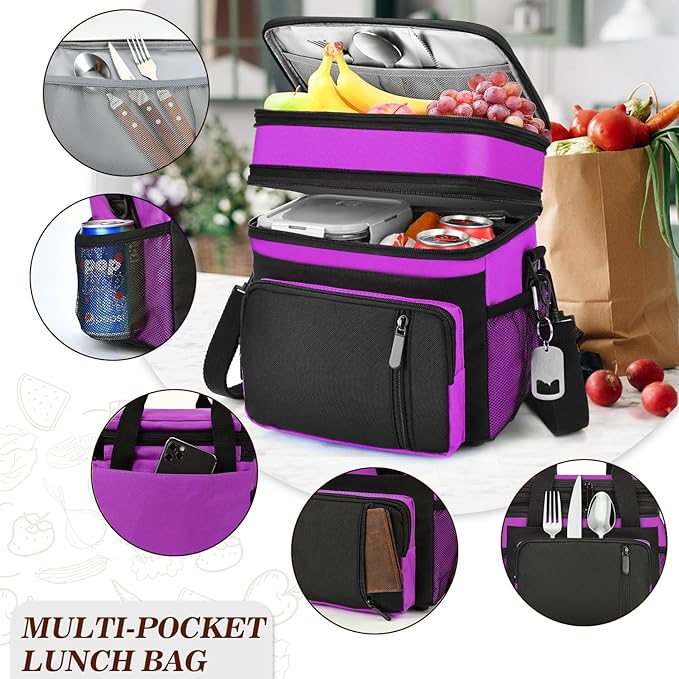Lunch Box & Lunch Bag for Women, Large Insulated Adult Lunch Box, Leakproof Cooler Lunchbox with Bottle Opener for Work Picnic Beach, 16L, Purple
