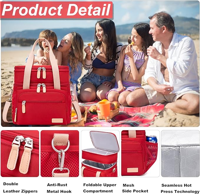 Weitars Lunch Bag for Women, Loncheras Para Mujer Waterproof Reusable Large Dual Compartment Lunch Box Wide-Open Cooler Tote Bag For Nurse Office Working Picnic Hiking (15L) (Red)