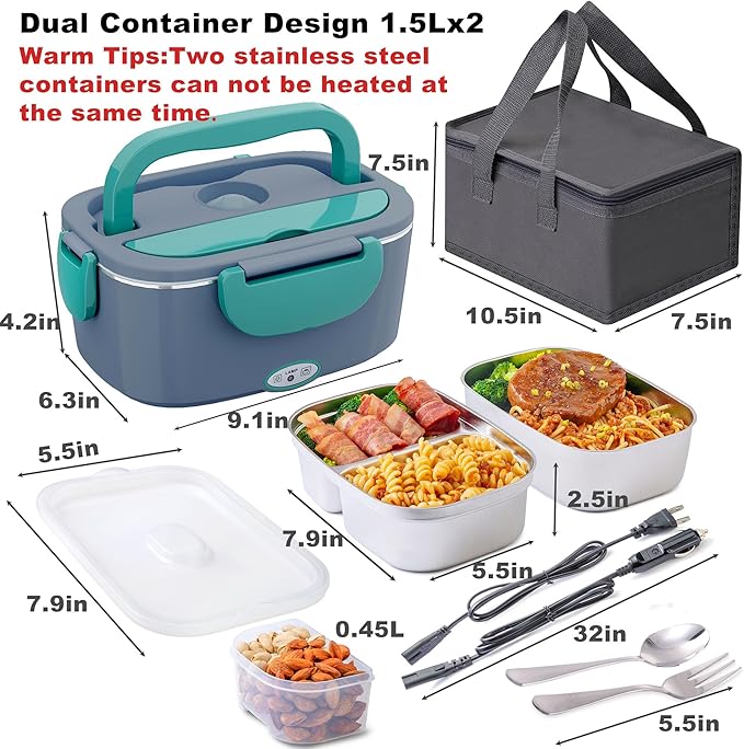 Nifogo Electric Lunch Box for Adults with 2 Stainless Steel Containers 1.5L 80W Heated Lunch Boxes for Men Electric LunchBox Food Heater Portable 12/24/110V for Work Car Truck (Blue)