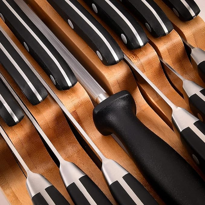 Homemaid Living In Drawer Knife Block Bamboo, Holds 16 Knives + Knife Sharpener Slot, Knife Organizer for Kitchen Drawer, Knife Drawer Organizer, Drawer Insert, Drawer Knife Holder (2" tall, 17" deep)