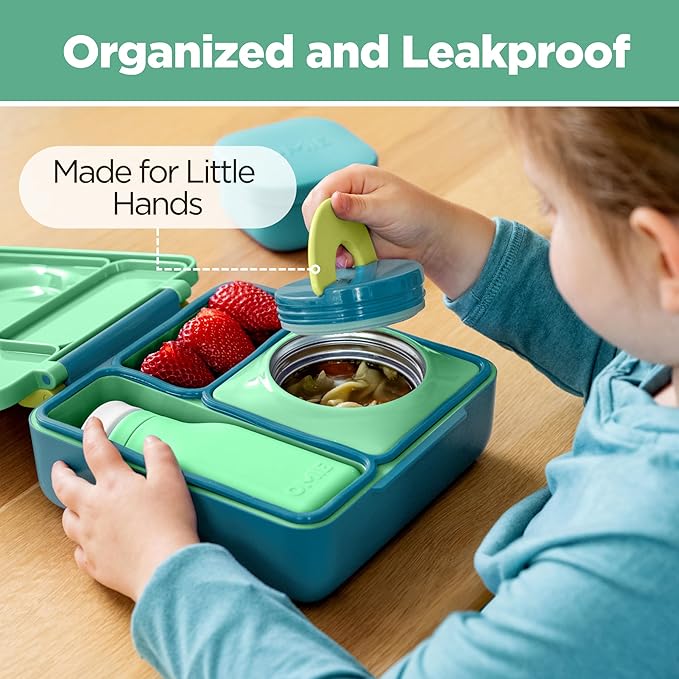 OmieBox Bento Box for Kids - Insulated Bento Lunch Box with Leak Proof Thermos Food Jar - 3 Compartments, Two Temperature Zones - (Meadow)
