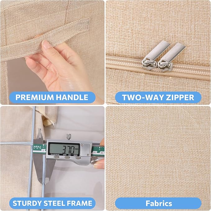 Extra Large Clothes Storage Bins - Linen Fabric Foldable Stackable Container Organizer Set with Clear Window & Carry Handles & Metal Frame - 2Pack Large Capacity for Bedding, Blankets, Books