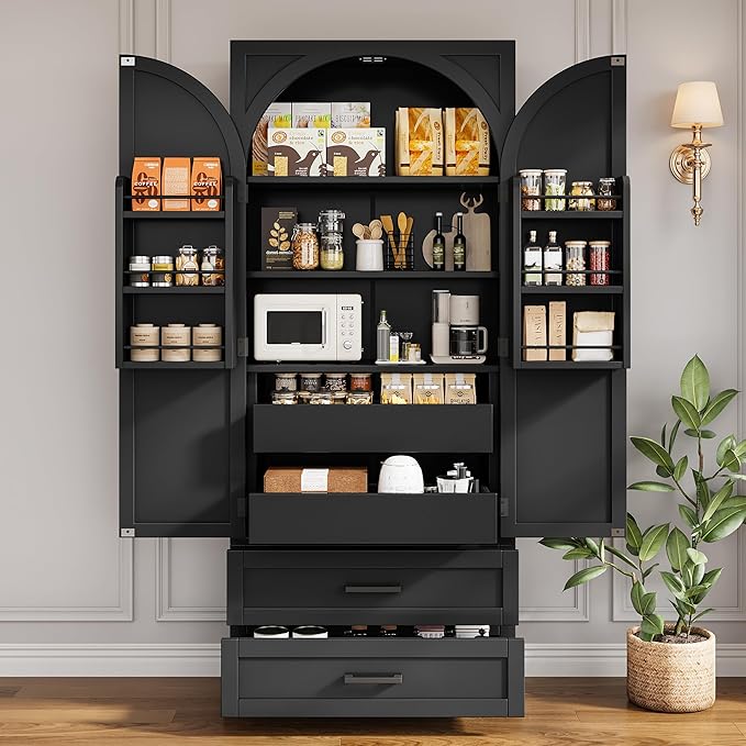 iPormis 71" Tall Kitchen Pantry Storage Cabinet w/Adjustable Shelf, Large Drawers & Door Shelves, Freestanding Kitchen Cupboard for Dining Room/Living Room, Black