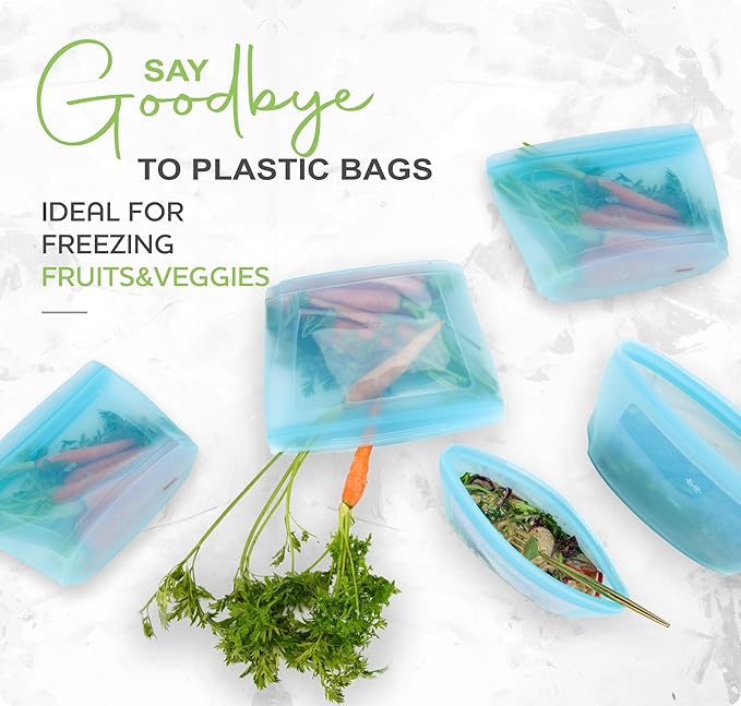Reusable food container, silicone bag, 6 Pcs Zip Containers Can be used for fruit and vegetable snacks, etc. Microwave Dishwasher and Freezer Usable (blue)…