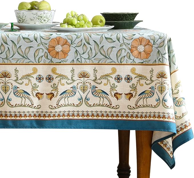patdrea Designer French Linen Blue Tablecloth for Rectangle Table,Vintage Floral Table Cloth,Colorful Decoration Fall Cover Kitchen Dining for Thanksgiving,Tea Party,Christmas,55"x87"-Wensel