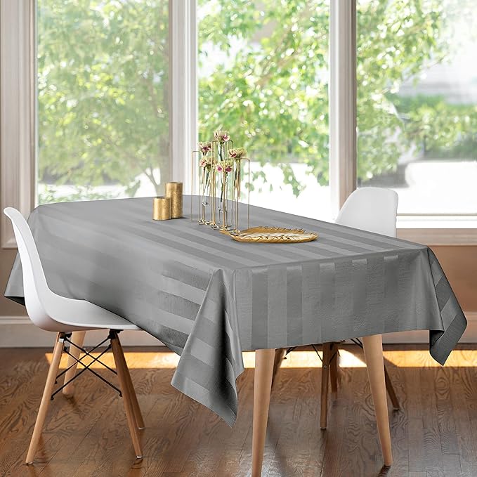 Luxury Table Protector Pad, 2 in 1 Table pad + Great Looking Tablecloth - Heat Resistant, Spill & Stain Proof - Flannel Backing (54x126, Silver - Silk Stripe)