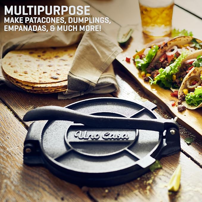 Uno Casa 10 Inch Cast Iron Tortilla Press & Comal Pan Bundle - Non-Stick, Heat-Resistant, Family Size, Gas Stovetop Compatible