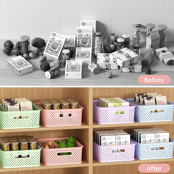 MaxGear Organization and Storage 3 Packs, Plastic Bins Organizer Bins, Woven Baskets for Storage, Plastic Baskets with Handles, Pink Basket for Organizing, Basket Organizer for Home and Office, Large
