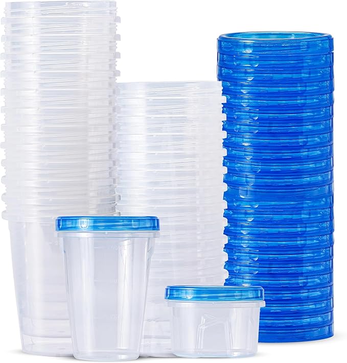 RFAQK Freezer Storage Containers with Lids-12 Plastic 32 oz Deli Containers with 12 Screw Lids-Freezer Containers for Soup with Twist Top Lids-Reusable Plastic Box for Lunch, Gym, Travel (48pcs-Mix)