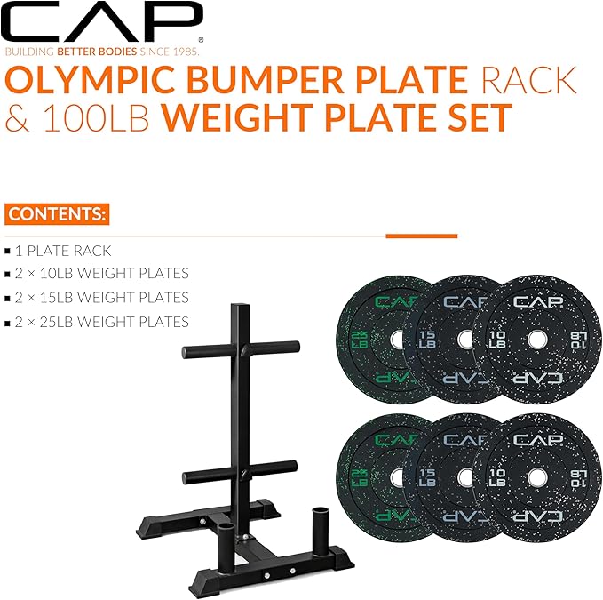 CAP Barbell 2-Inch Olympic Bumper Plate Weight Set with 6 Post Rack | 100-370 lbs | Multiple Options