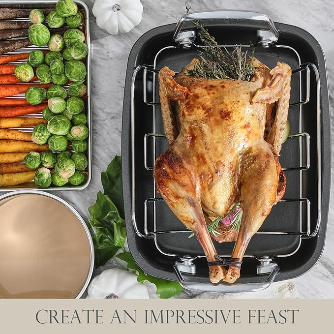 KITESSENSU Nonstick Turkey Roasting Pan with Rack 17 x 14 inch - Large Chicken Roaster Pan for Oven - Wider Handles & Heavy Duty Construction - Suitable for 24lb Turkey, Gold