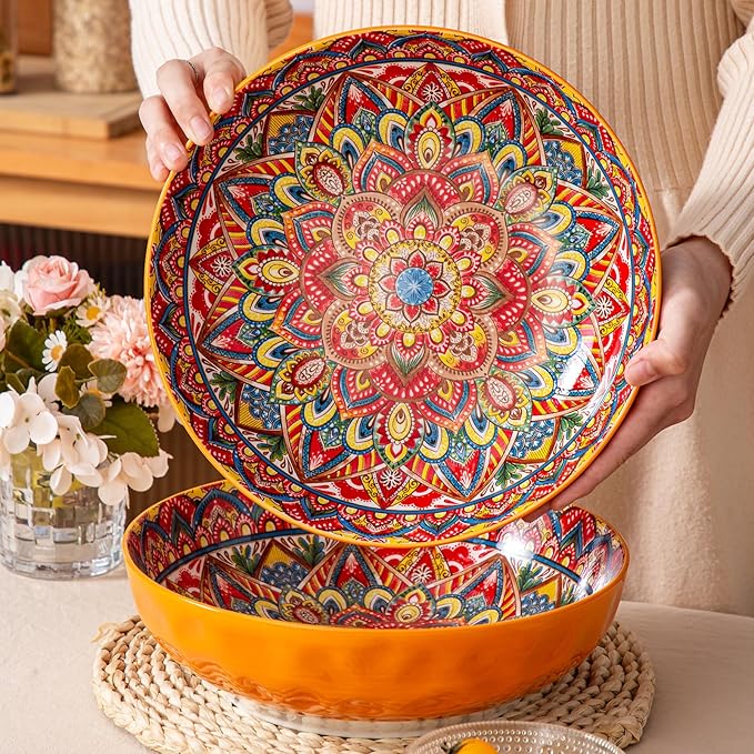 YUN TAO Large Serving Bowls,10 inch Ceramic Bowls, 75 Oz Capacity, Vibrant Orange Hue - Microwave and Dishwasher Safe for Salad, Pasta, Entertaining and Party (Set of 2)