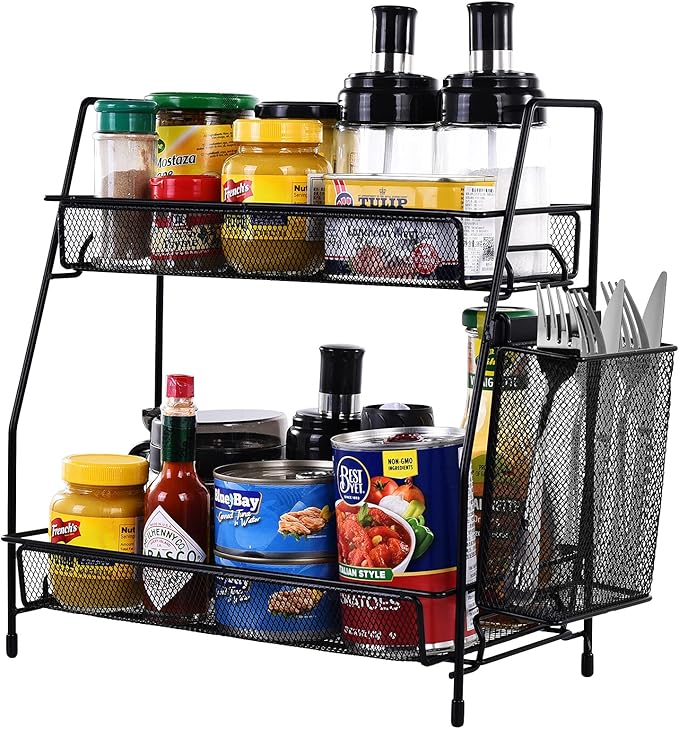 LEMIKKLE Countertop Organizer for Bathroom Counter, The Organizer for Bedroom, Spice Rack Organizer for Kitchen Counter Shelf with Small Basket(Black)