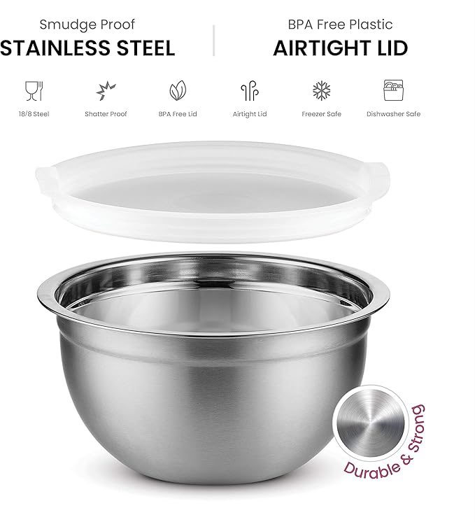 Stainless Steel Mixing Bowls Set with Lids, Home Kitchen Cooking Essentials Household Must Haves for Baking, 5 Pieces