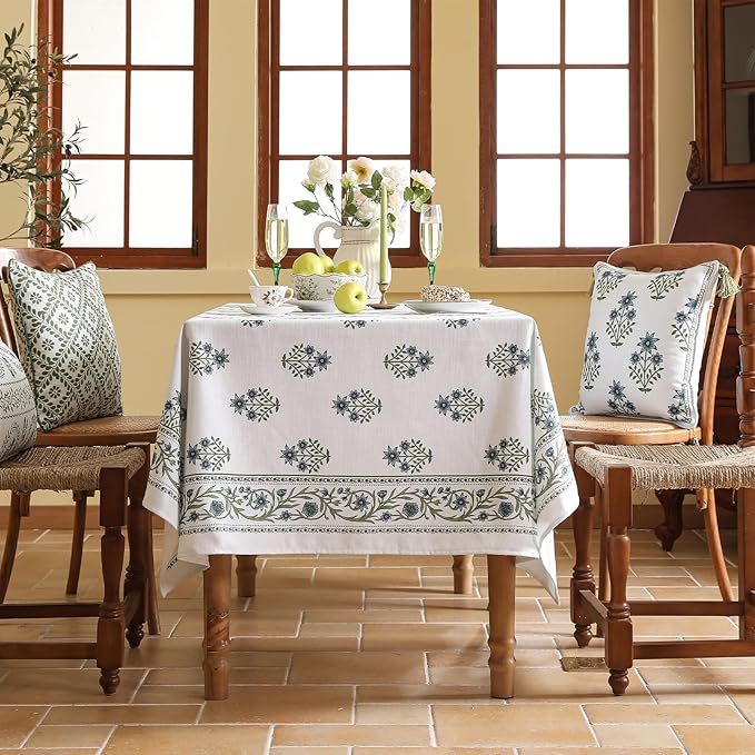 ISAENNE Designer White Linen Long Rectangle Tablecloth,Chinoiserie Floral Elegant Indoor Table Cloth,Fall Stain Proof Decor Tablecloths for Dining Thanksgiving Kitchen,63"*94"-Mosella F