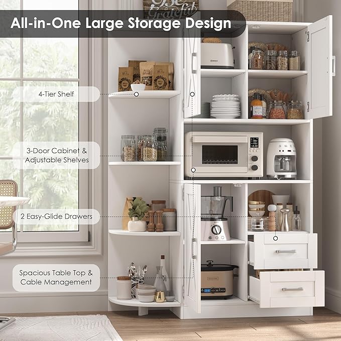 HOSTACK 60.4" Farmhouse Kitchen Pantry Storage Cabinet, Freestanding Hutch with Doors & Shelves, Buffet Sideboard with Microwave Stand, Coffee Bar with Drawers, Cupboard for Dining Room, White