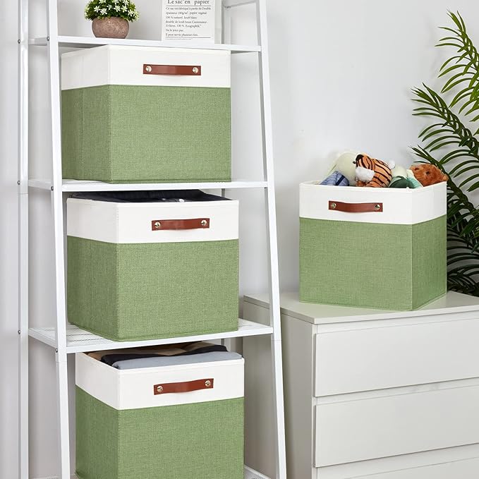 Temary 13 Inch Cube Storage Bin 4 Pack Fabric Storage Cubes Fabric Storage Bin for Shelf, Cube Storage Basket with Leather Handles(White&Green)